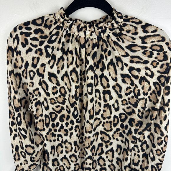 Loft Womens Balloon Sleeve Bell Cuff Mock Neck Leopard Print Beige Blouse XS - Picture 3 of 8